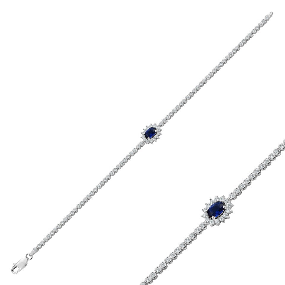 925 Ayar Gümüş Mavi Taşlı Çiçek Model Zincir Harfli Su Yolu Bileklik