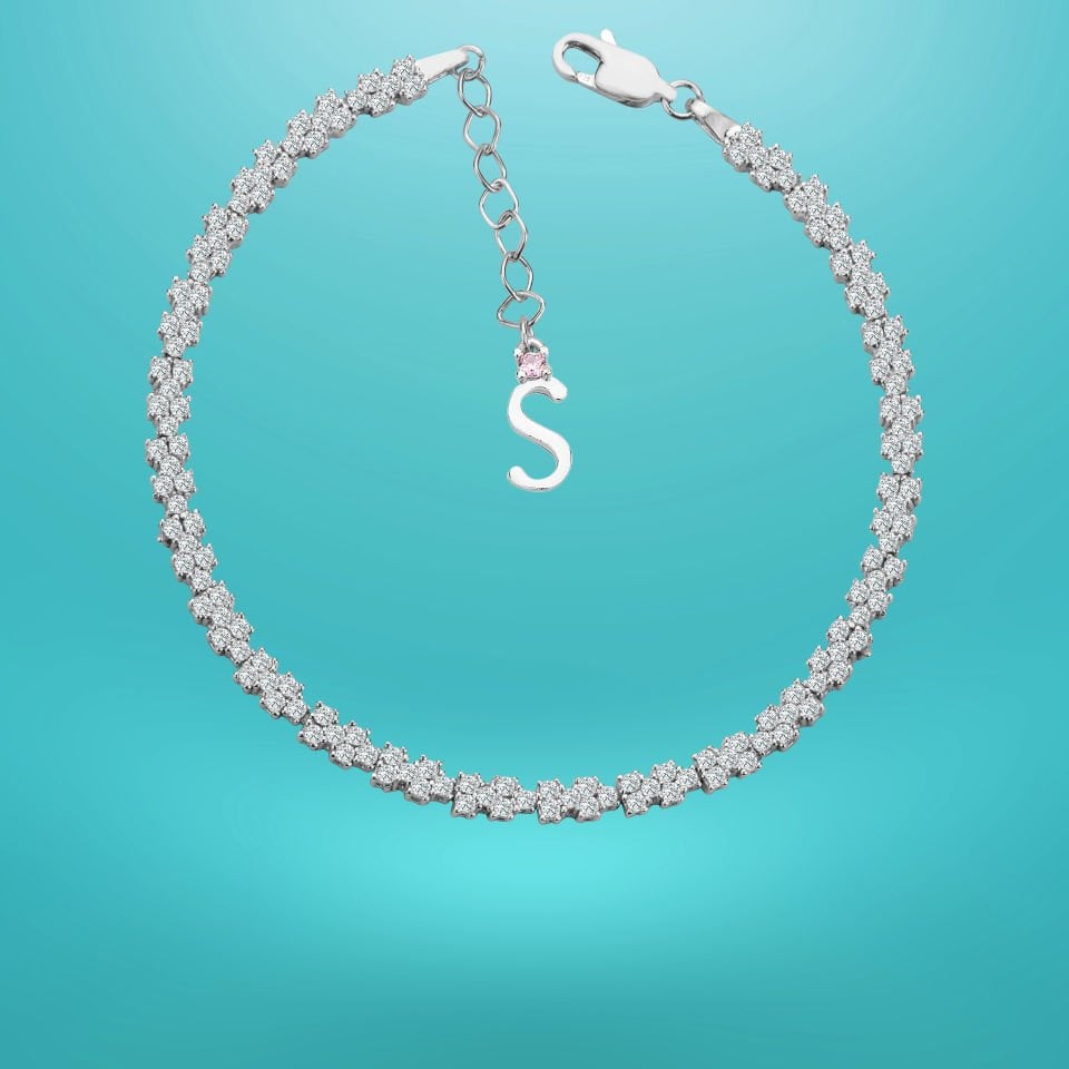 925 Ayar Gümüş Pırlanta Montürlü Zincir Harfli Su Yolu Bileklik S