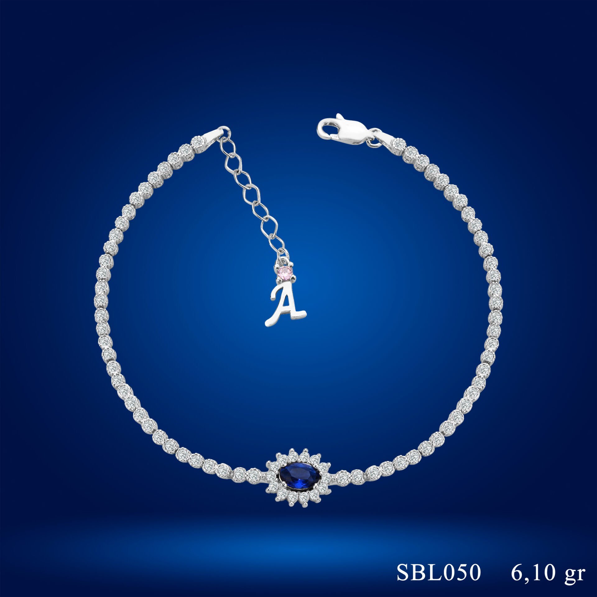 925 Ayar Gümüş Mavi Taşlı Çiçek Model Zincir Harfli Su Yolu Bileklik