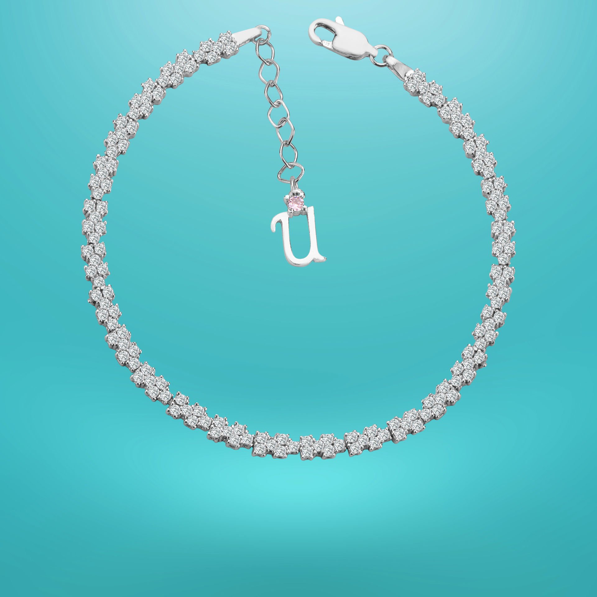 925 Ayar Gümüş Pırlanta Montürlü Zincir Harfli Su Yolu Bileklik U