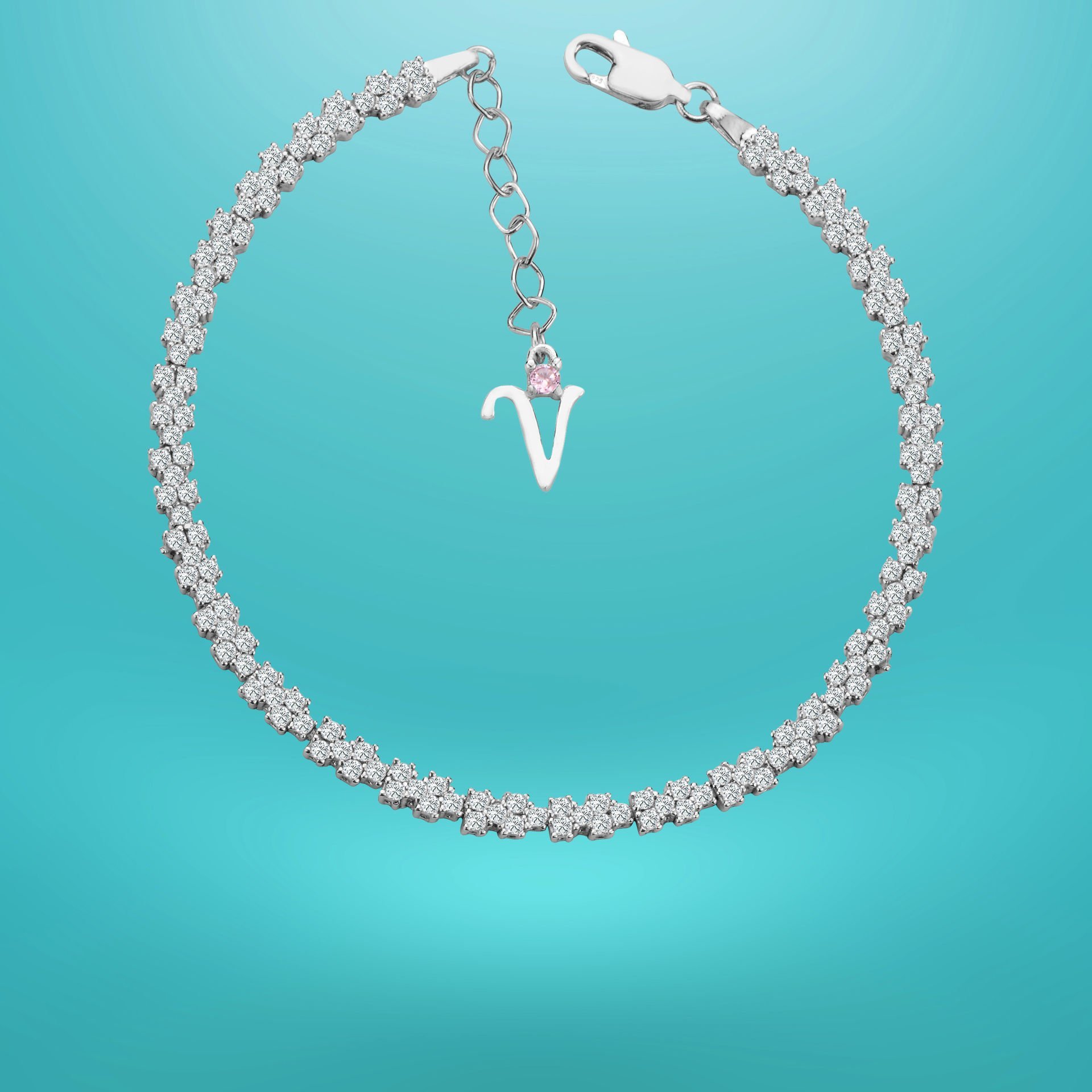 925 Ayar Gümüş Pırlanta Montürlü Zincir Harfli Su Yolu Bileklik V