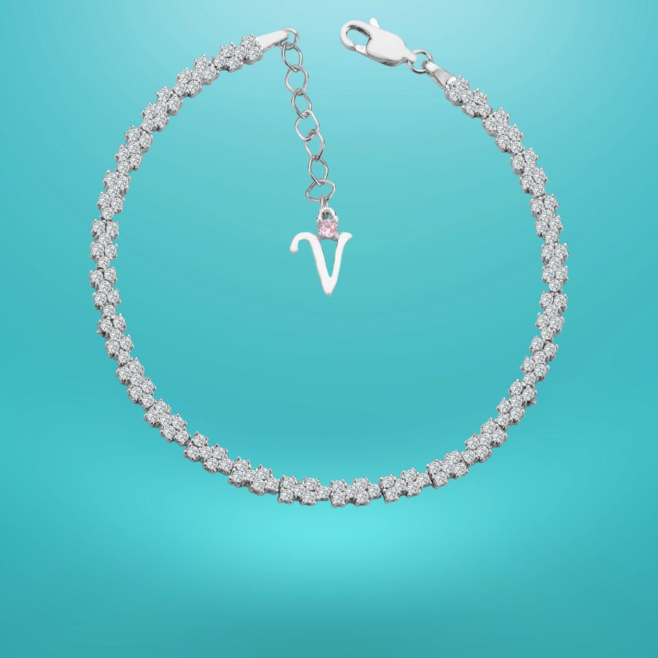 925 Ayar Gümüş Pırlanta Montürlü Zincir Harfli Su Yolu Bileklik V