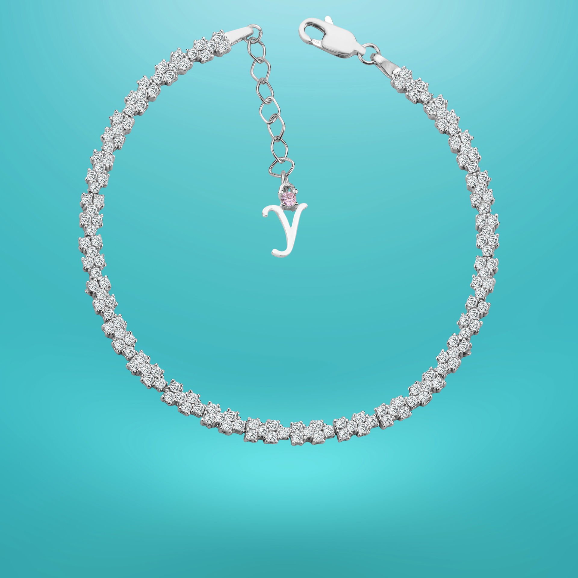 925 Ayar Gümüş Pırlanta Montürlü Zincir Harfli Su Yolu Bileklik Y