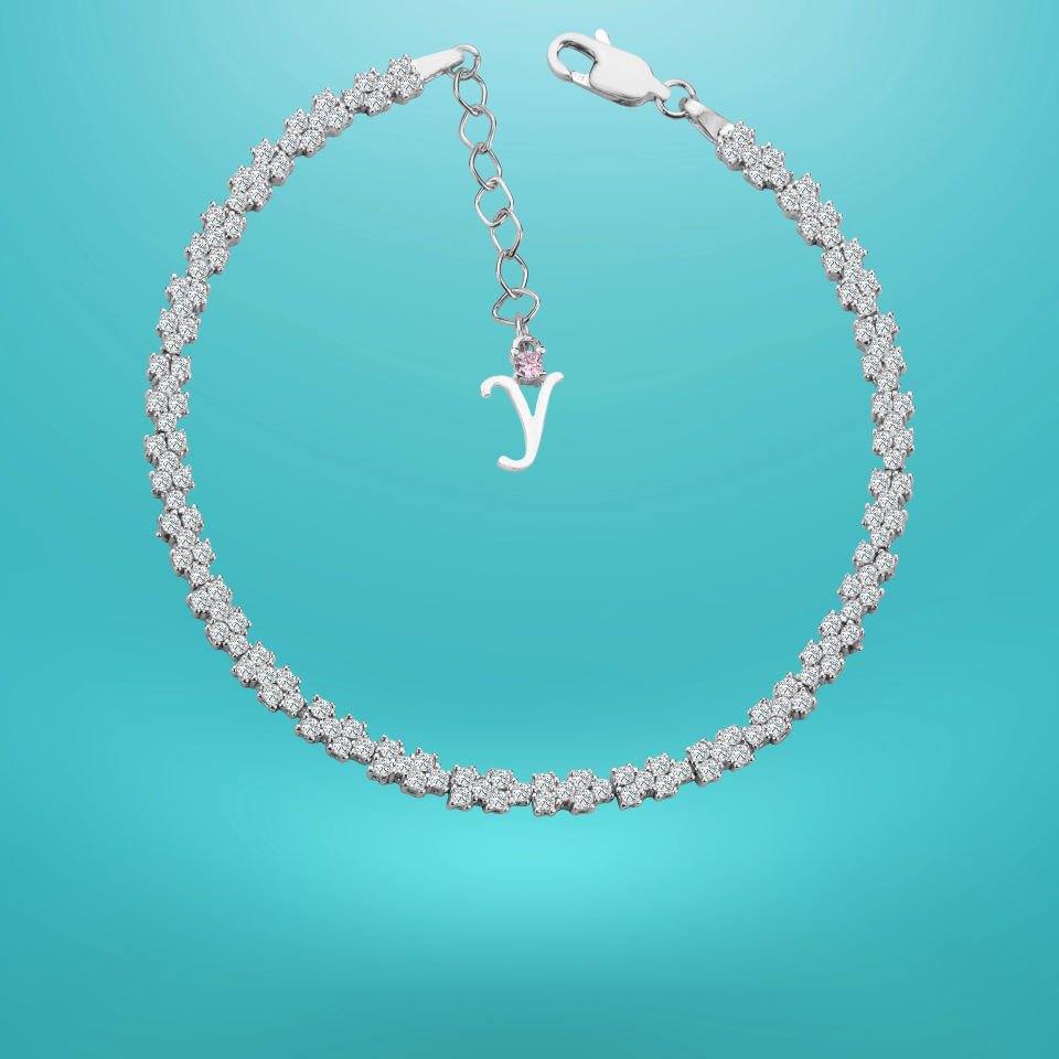 925 Ayar Gümüş Pırlanta Montürlü Zincir Harfli Su Yolu Bileklik Y