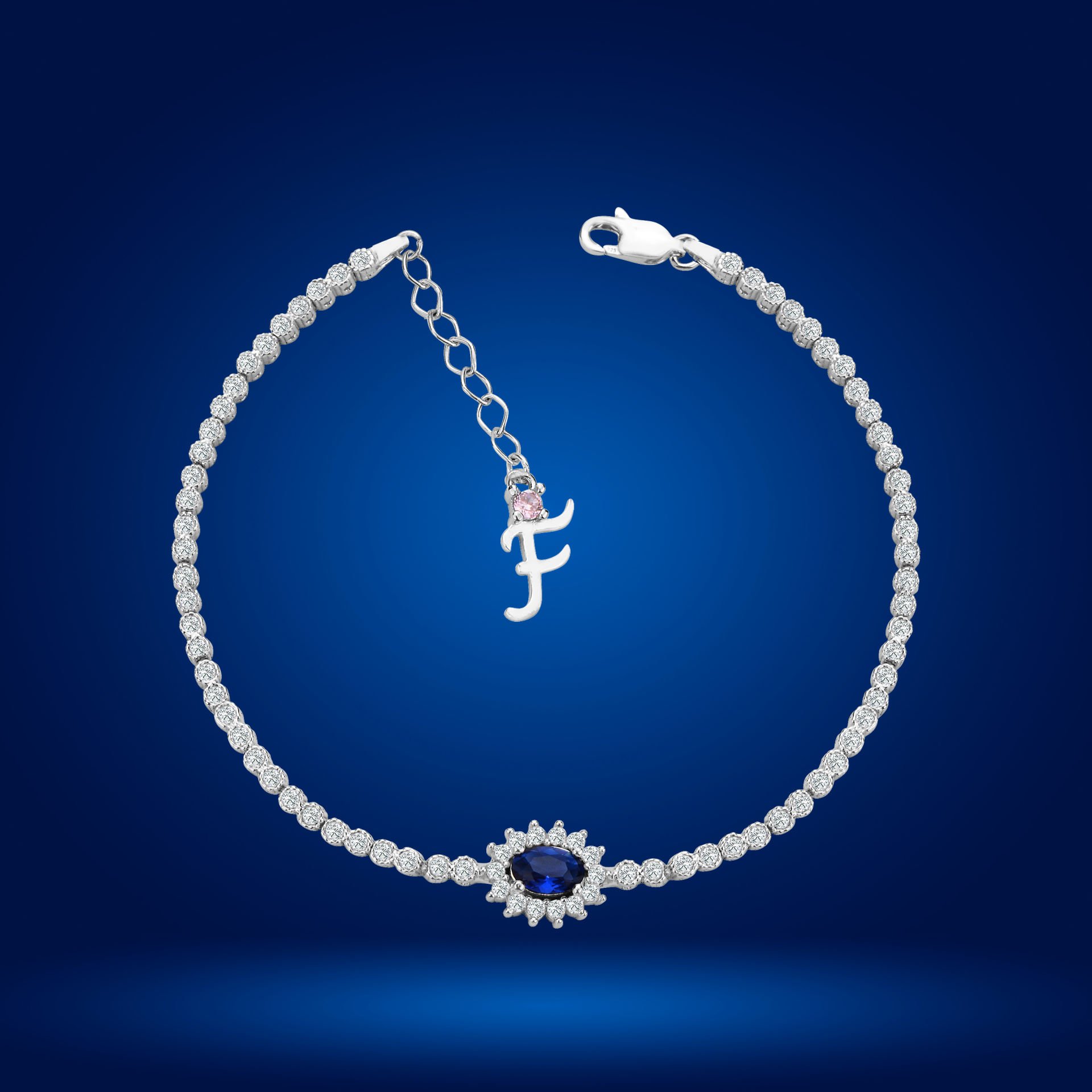925 Ayar Gümüş Mavi Taşlı Çiçek Model Zincir Harfli Su Yolu Bileklik F