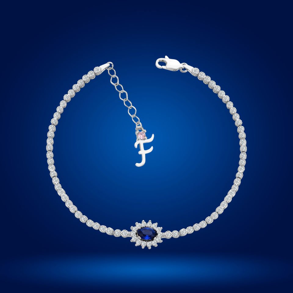 925 Ayar Gümüş Mavi Taşlı Çiçek Model Zincir Harfli Su Yolu Bileklik F