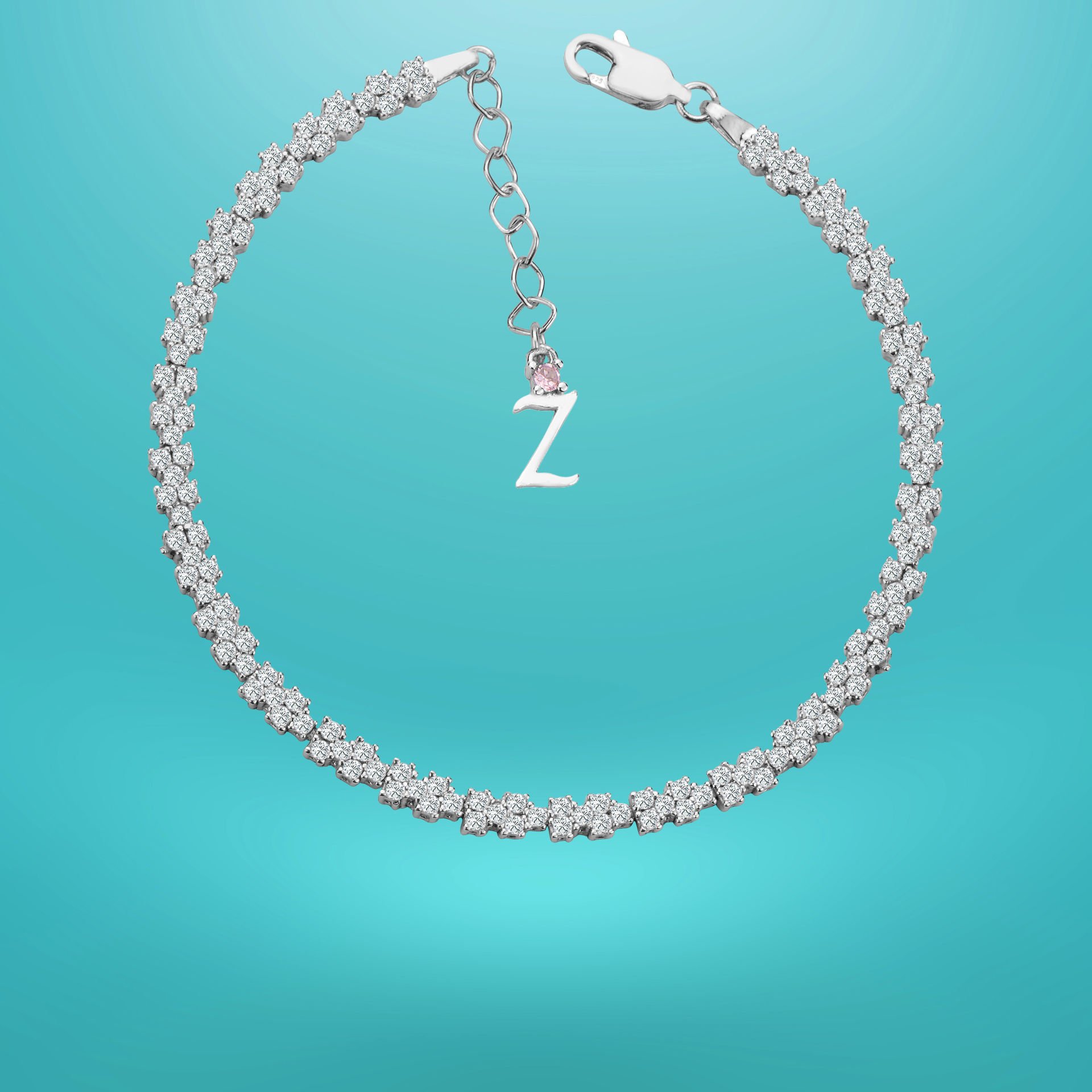 925 Ayar Gümüş Pırlanta Montürlü Zincir Harfli Su Yolu Bileklik Z