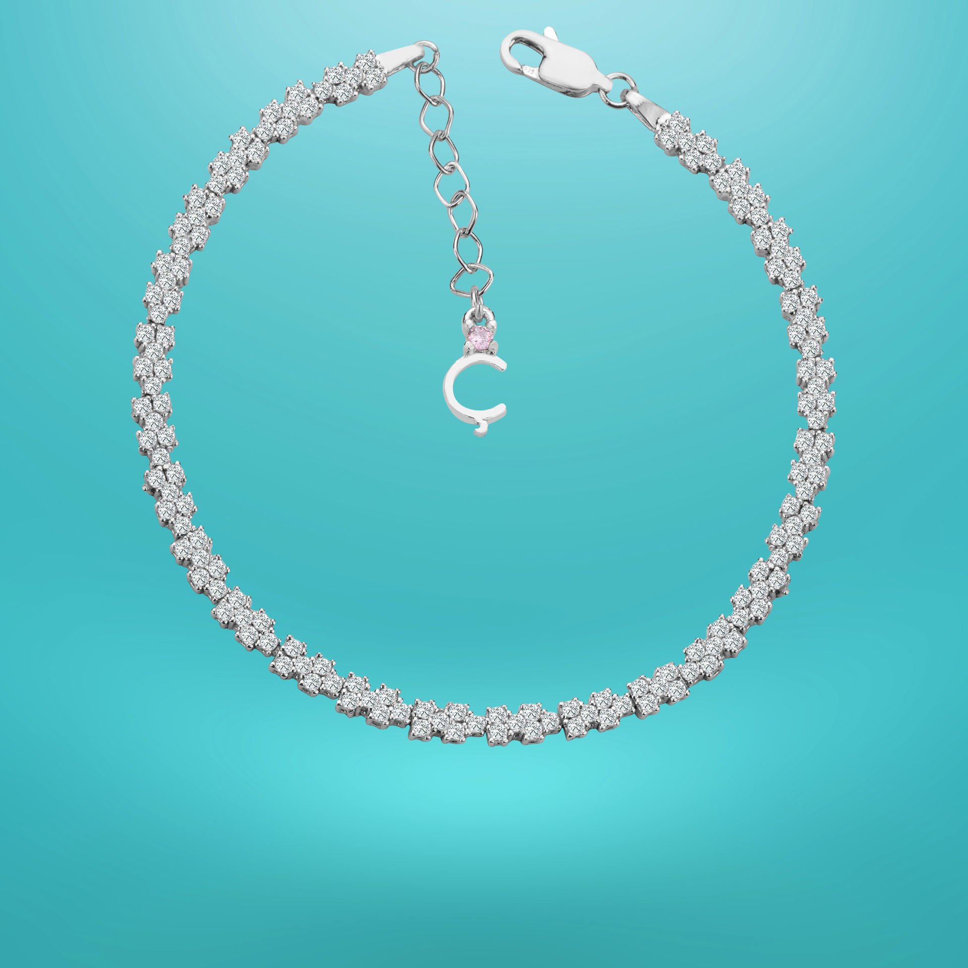 925 Ayar Gümüş Pırlanta Montürlü Zincir Harfli Su Yolu Bileklik Ç