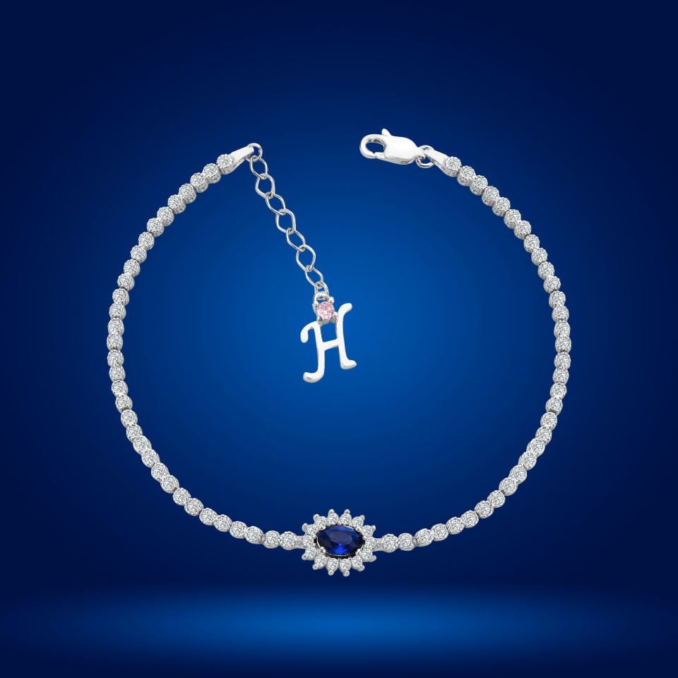 925 Ayar Gümüş Mavi Taşlı Çiçek Model Zincir Harfli Su Yolu Bileklik H