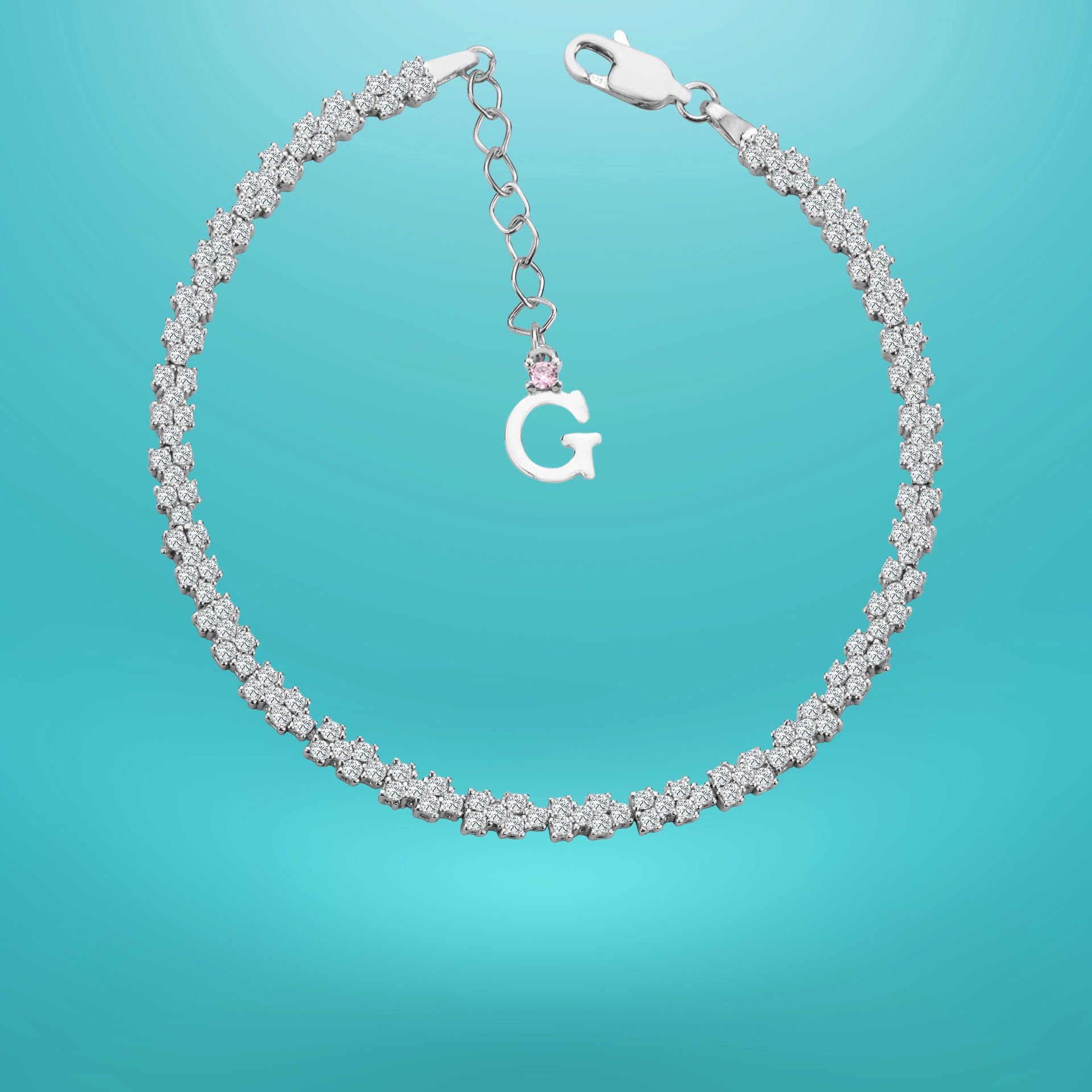 925 Ayar Gümüş Pırlanta Montürlü Zincir Harfli Su Yolu Bileklik Ğ