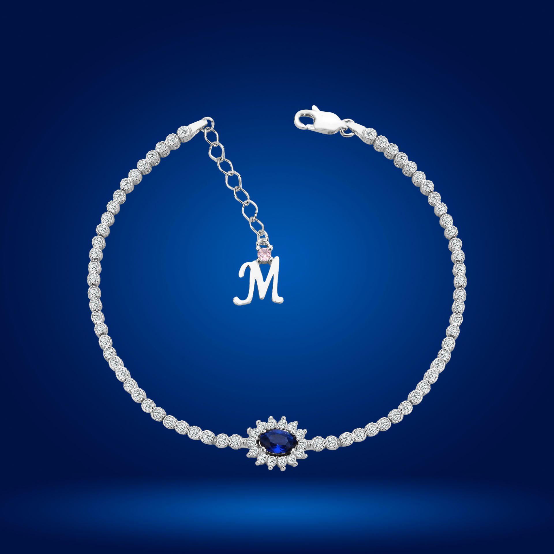 925 Ayar Gümüş Mavi Taşlı Çiçek Model Zincir Harfli Su Yolu Bileklik M