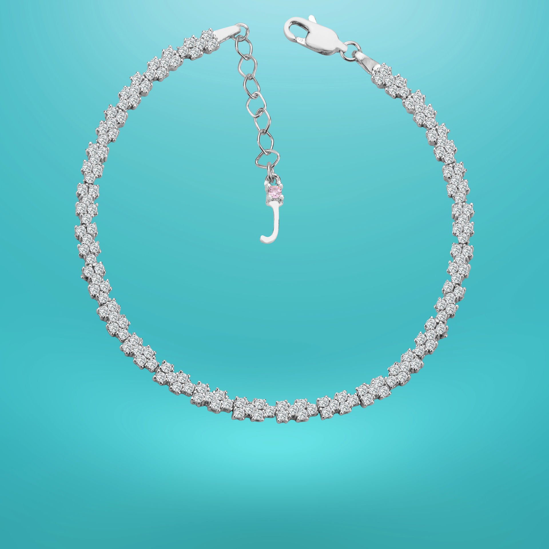 925 Ayar Gümüş Pırlanta Montürlü Zincir Harfli Su Yolu Bileklik J