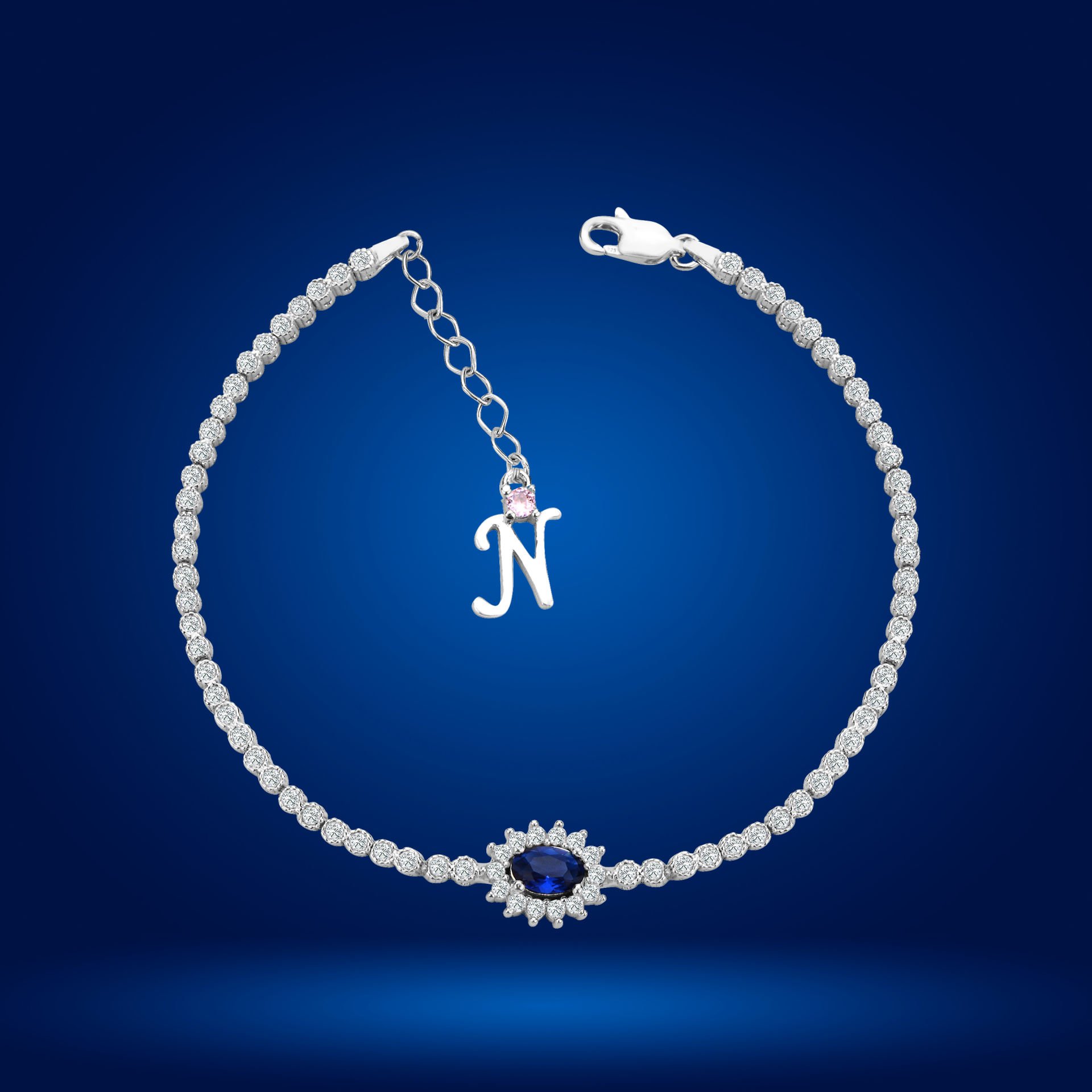 925 Ayar Gümüş Mavi Taşlı Çiçek Model Zincir Harfli Su Yolu Bileklik N