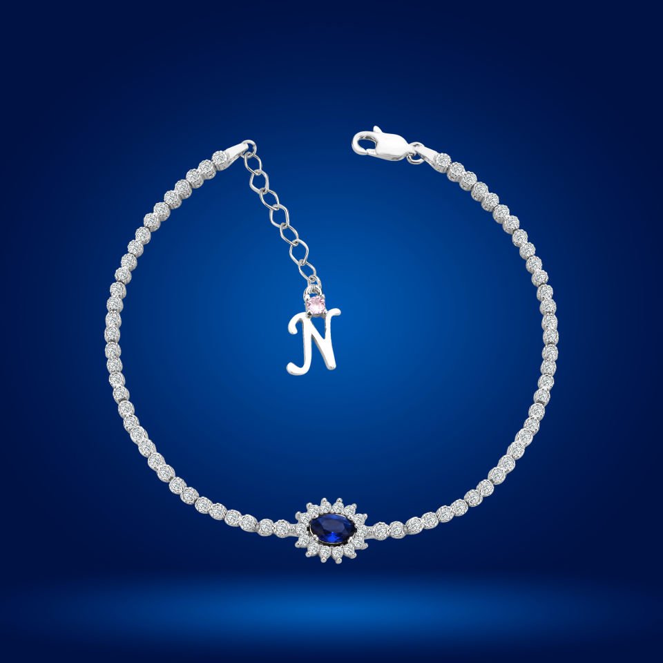 925 Ayar Gümüş Mavi Taşlı Çiçek Model Zincir Harfli Su Yolu Bileklik N