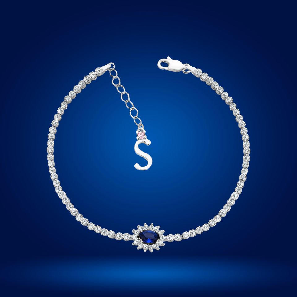 925 Ayar Gümüş Mavi Taşlı Çiçek Model Zincir Harfli Su Yolu Bileklik S