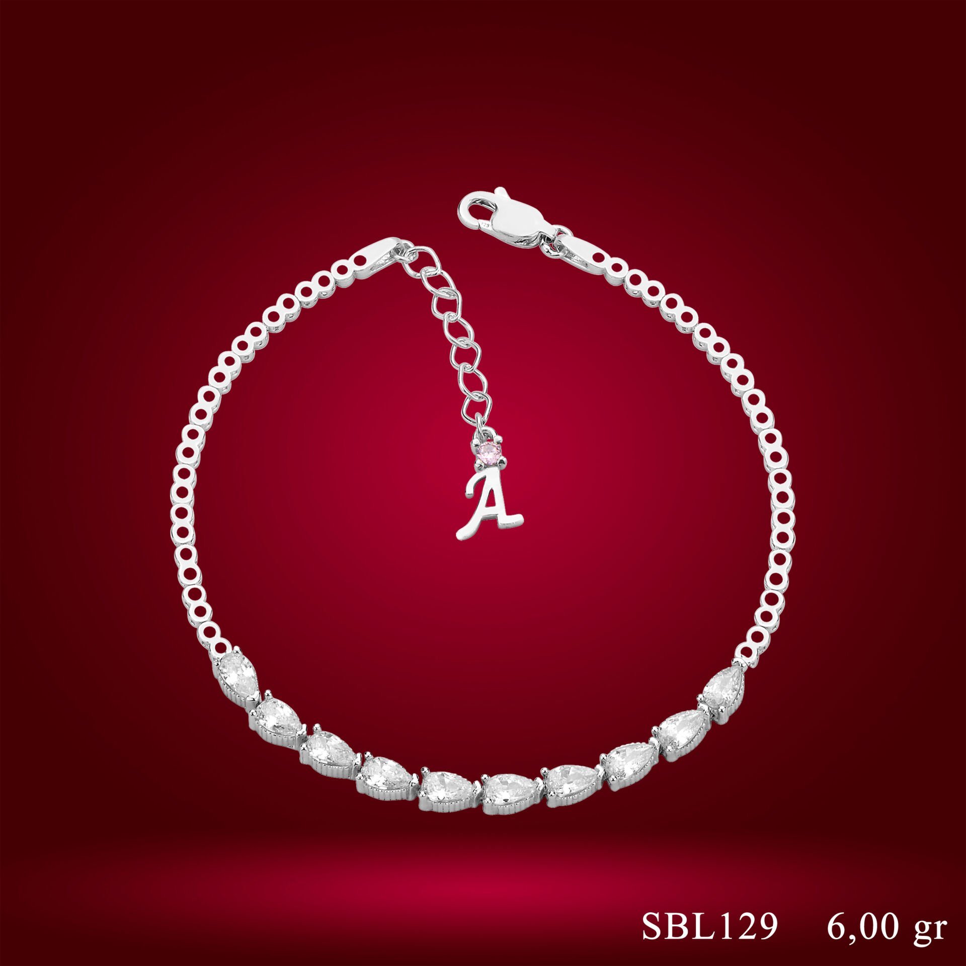 925 Ayar Gümüş Sıralı Damla Taşlı Zincir Harfli Su Yolu Bileklik