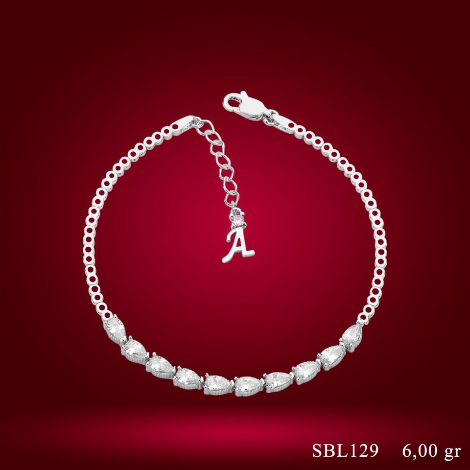 925 Ayar Gümüş Sıralı Damla Taşlı Zincir Harfli Su Yolu Bileklik
