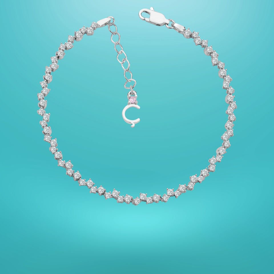 925 Ayar Gümüş Pırlanta Montürlü Zincir Harfli Su Yolu Bileklik Ç