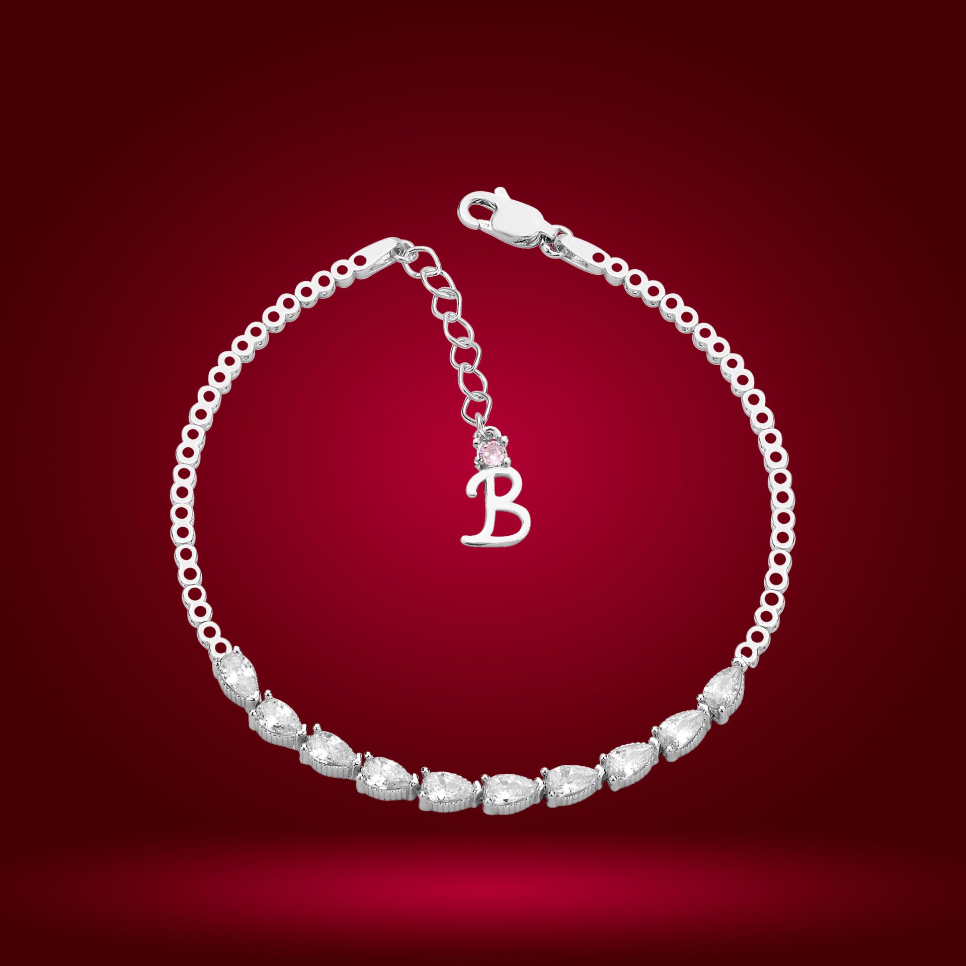 925 Ayar Gümüş Sıralı Damla Taşlı Zincir Harfli Su Yolu Bileklik B