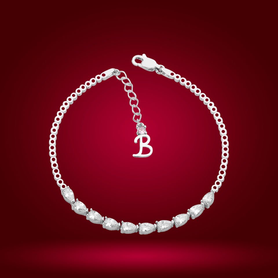 925 Ayar Gümüş Sıralı Damla Taşlı Zincir Harfli Su Yolu Bileklik B