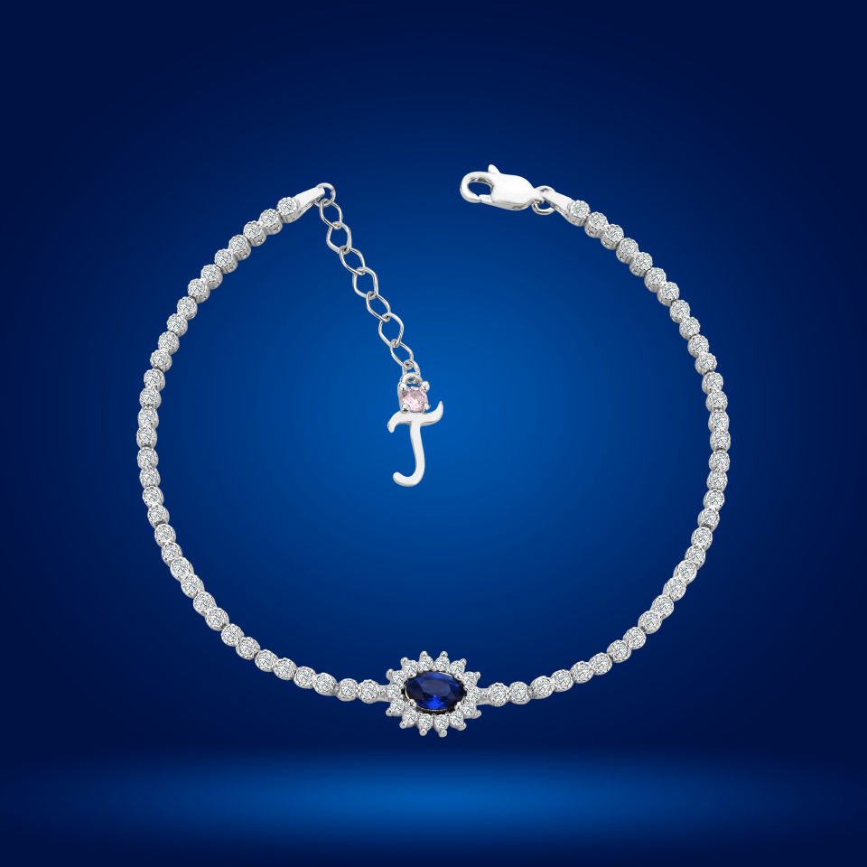 925 Ayar Gümüş Mavi Taşlı Çiçek Model Zincir Harfli Su Yolu Bileklik T