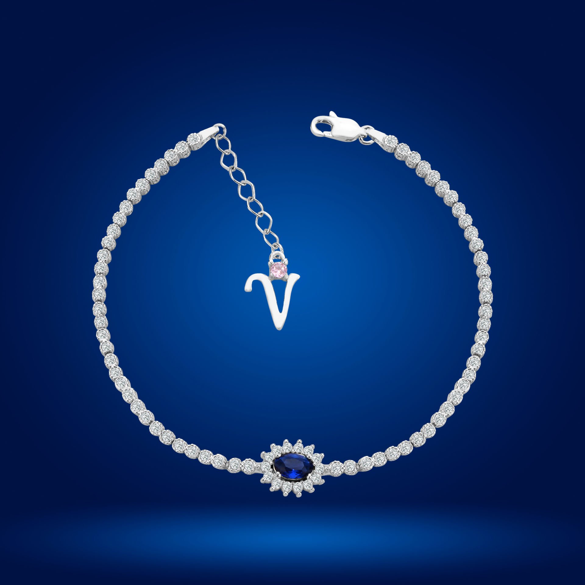 925 Ayar Gümüş Mavi Taşlı Çiçek Model Zincir Harfli Su Yolu Bileklik V