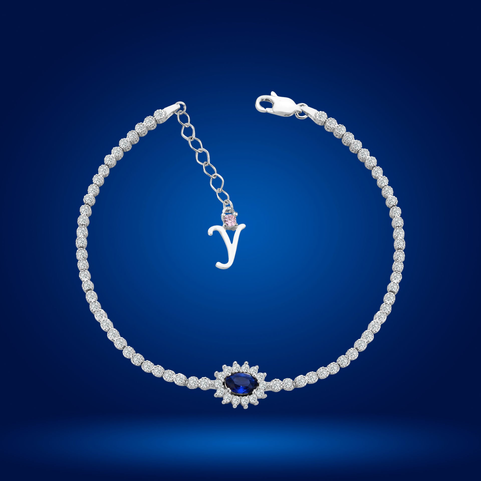 925 Ayar Gümüş Mavi Taşlı Çiçek Model Zincir Harfli Su Yolu Bileklik Y