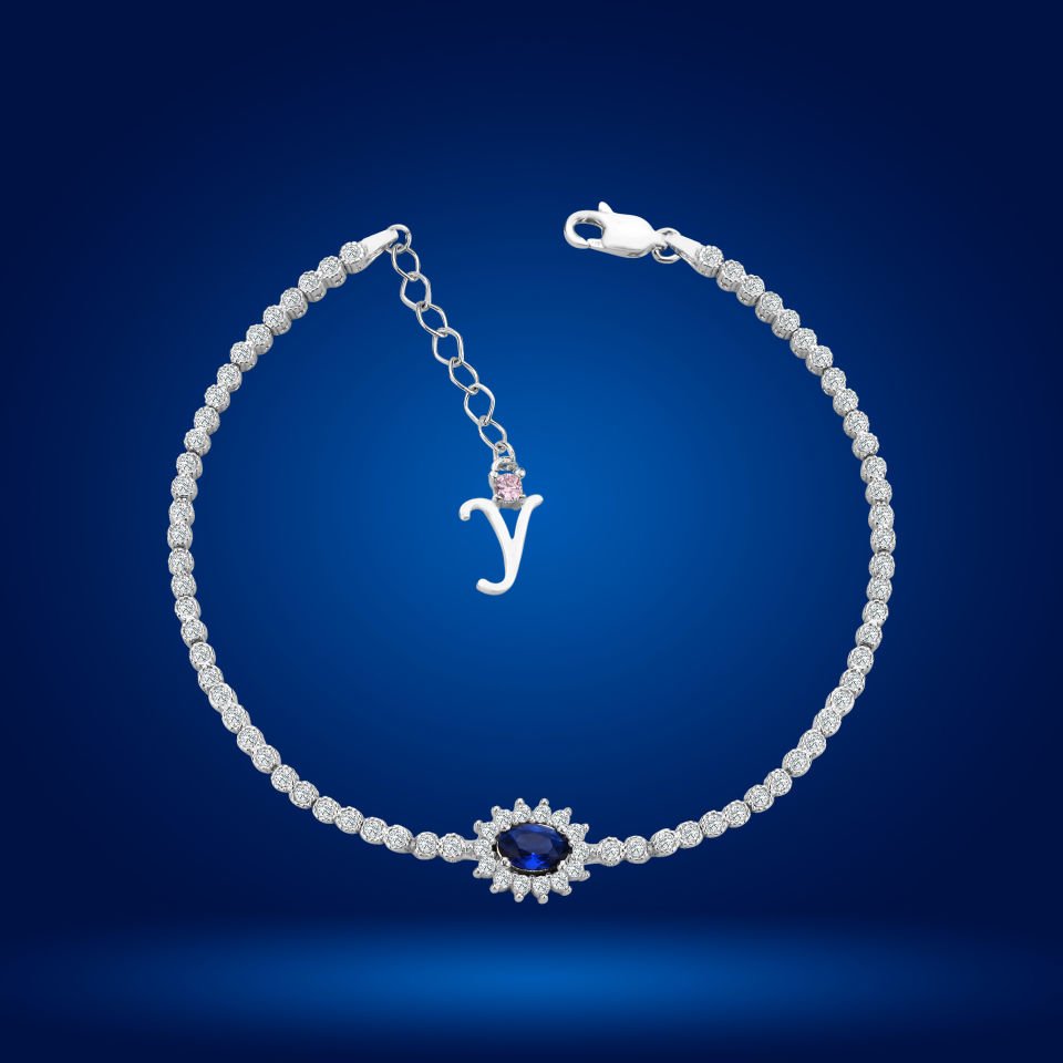 925 Ayar Gümüş Mavi Taşlı Çiçek Model Zincir Harfli Su Yolu Bileklik Y