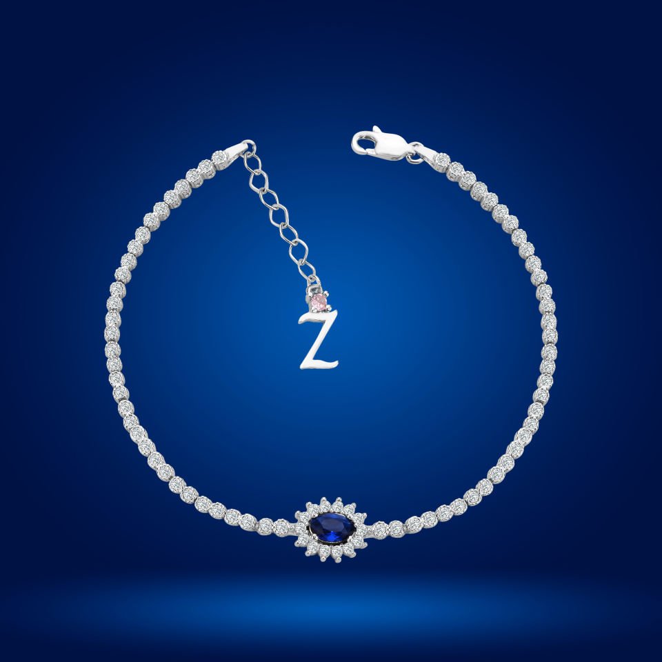 925 Ayar Gümüş Mavi Taşlı Çiçek Model Zincir Harfli Su Yolu Bileklik Z