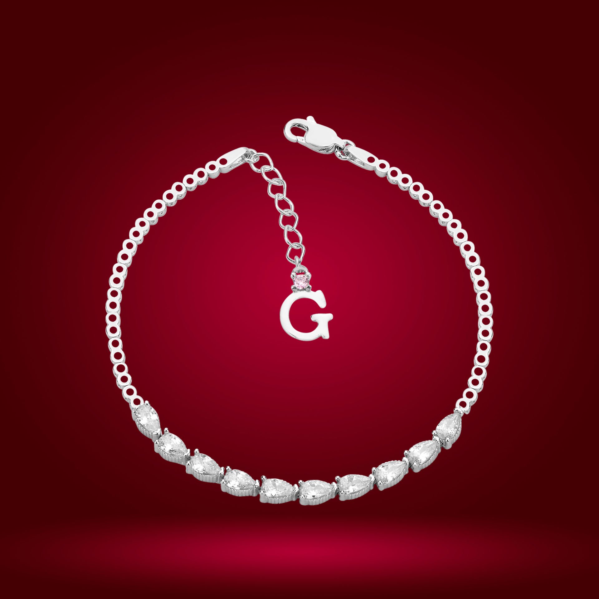 925 Ayar Gümüş Sıralı Damla Taşlı Zincir Harfli Su Yolu Bileklik G