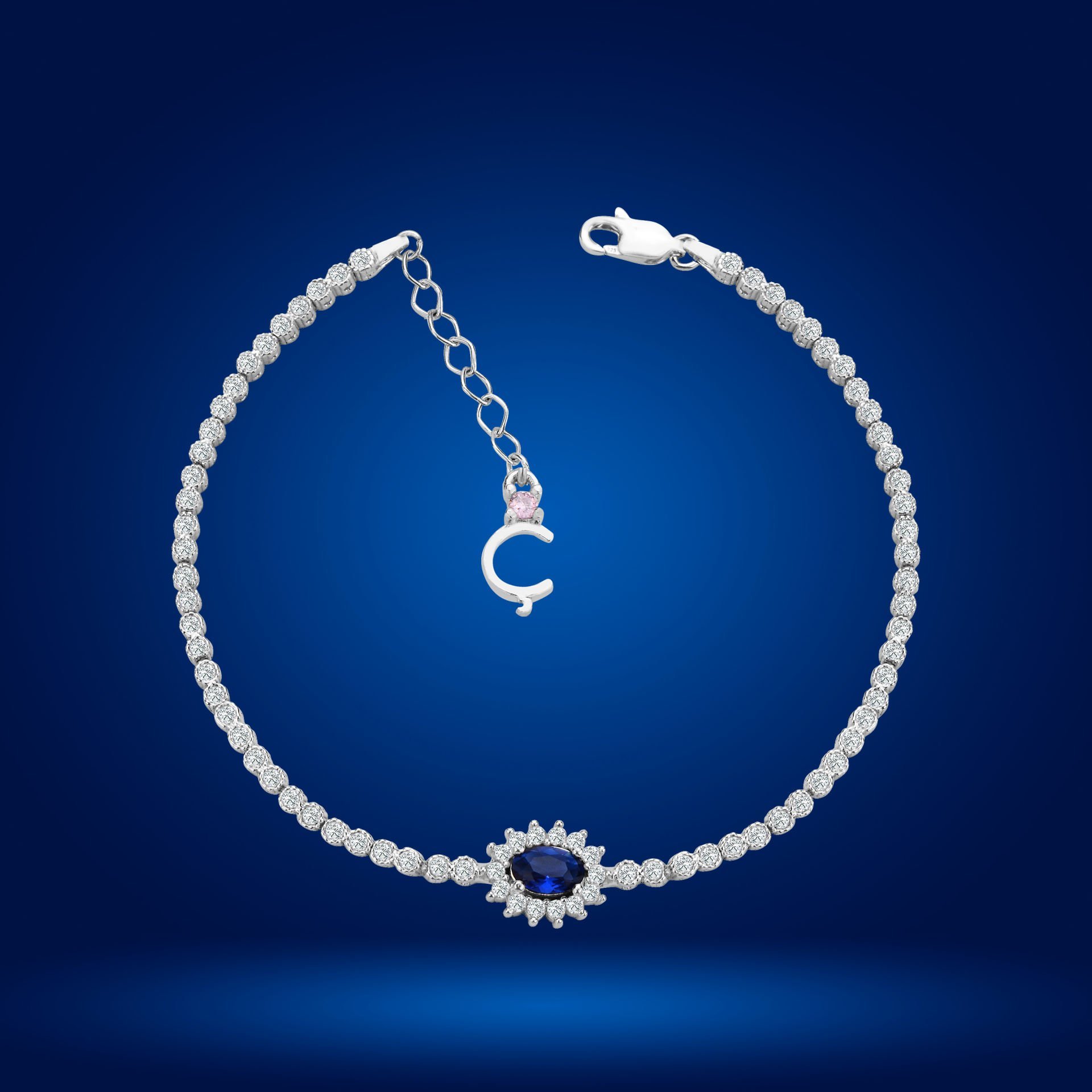 925 Ayar Gümüş Mavi Taşlı Çiçek Model Zincir Harfli Su Yolu Bileklik Ç