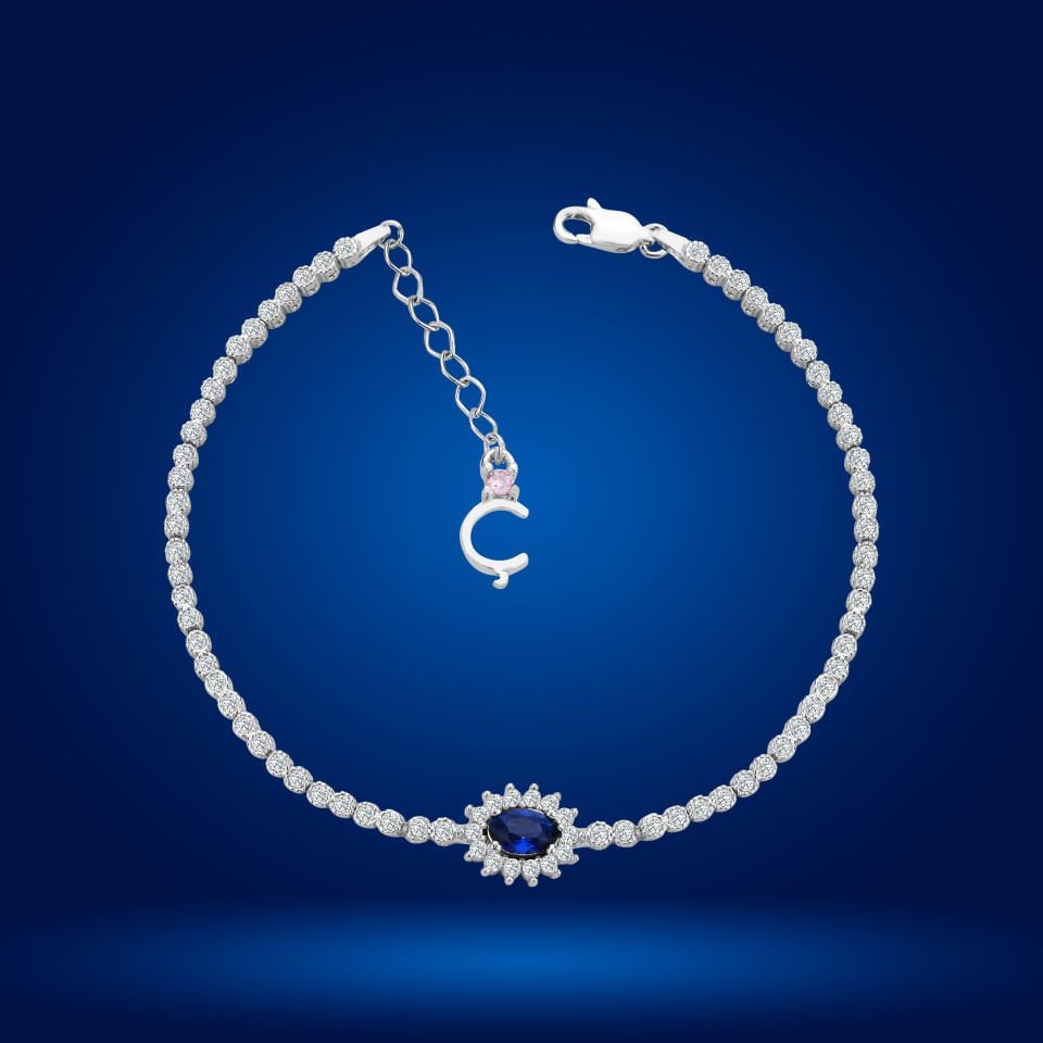 925 Ayar Gümüş Mavi Taşlı Çiçek Model Zincir Harfli Su Yolu Bileklik Ç