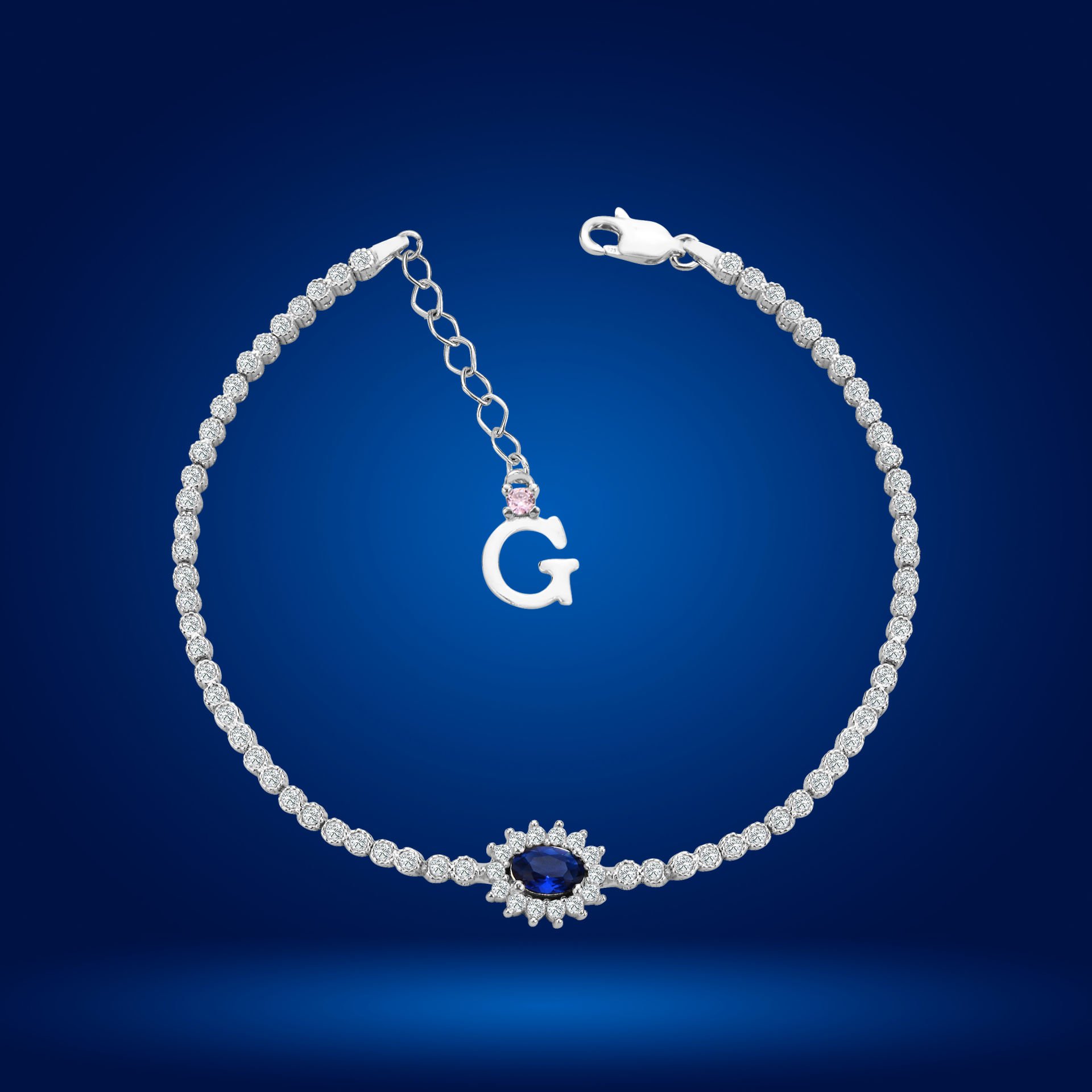 925 Ayar Gümüş Mavi Taşlı Çiçek Model Zincir Harfli Su Yolu Bileklik Ğ