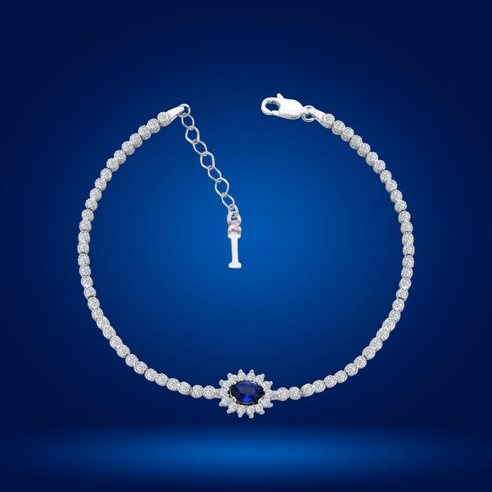 925 Ayar Gümüş Mavi Taşlı Çiçek Model Zincir Harfli Su Yolu Bileklik I