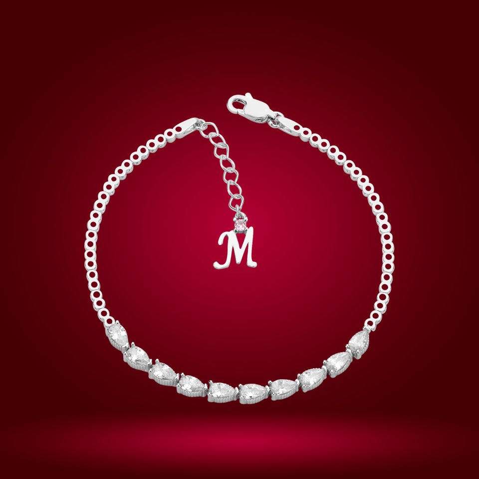 925 Ayar Gümüş Sıralı Damla Taşlı Zincir Harfli Su Yolu Bileklik M