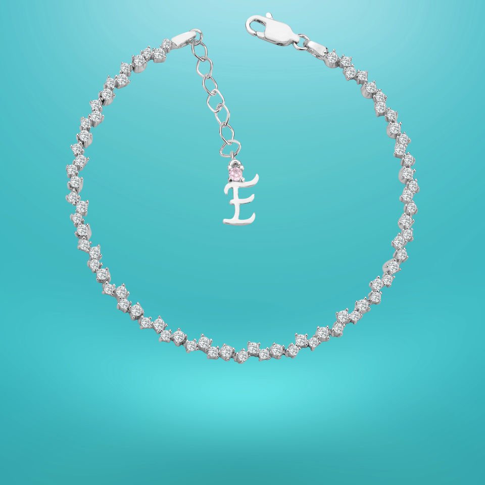 925 Ayar Gümüş Pırlanta Montürlü Zincir Harfli Su Yolu Bileklik E