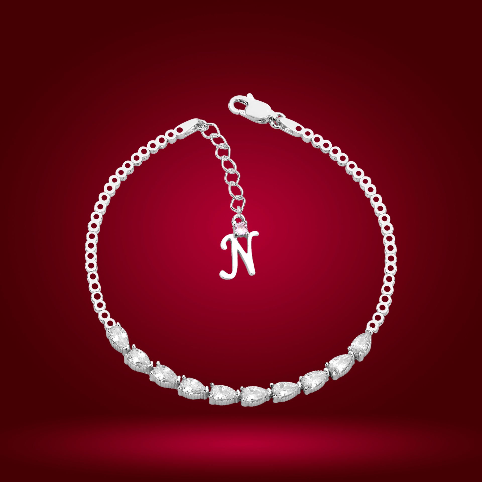 925 Ayar Gümüş Sıralı Damla Taşlı Zincir Harfli Su Yolu Bileklik N