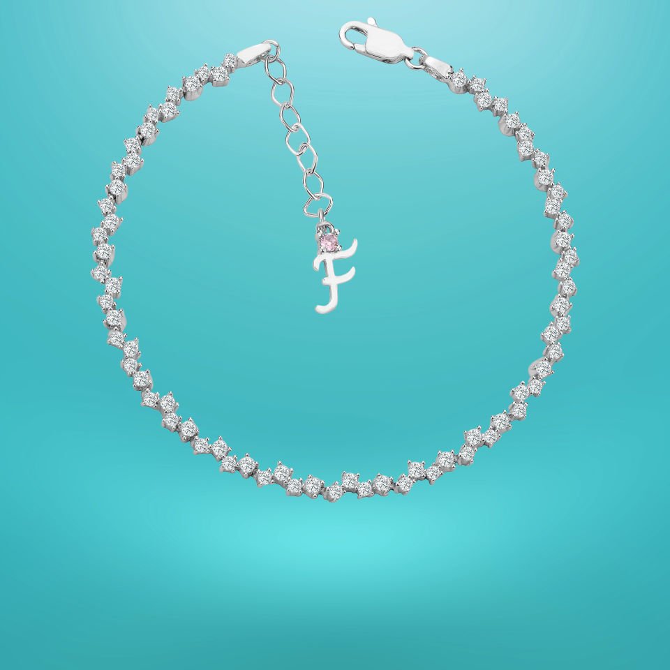 925 Ayar Gümüş Pırlanta Montürlü Zincir Harfli Su Yolu Bileklik F