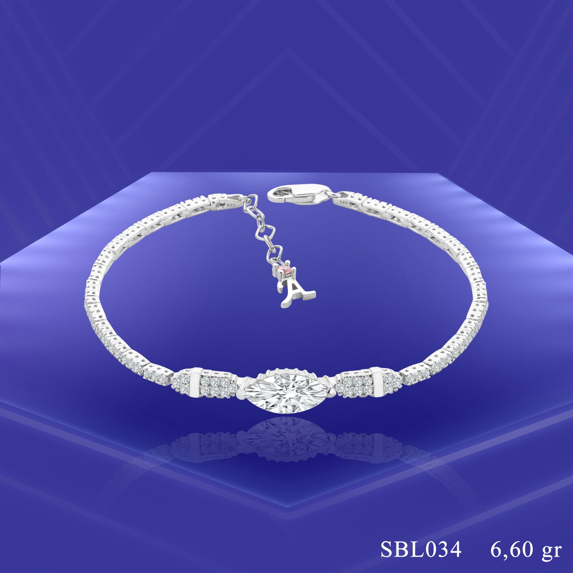 925 Ayar Gümüş Pırlanta Mekik Taşlı Harfli Su Yolu Bileklik