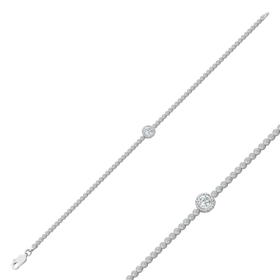 925 Ayar Gümüş Pırlanta Tek Taş Zincir Harfli Su Yolu Bileklik