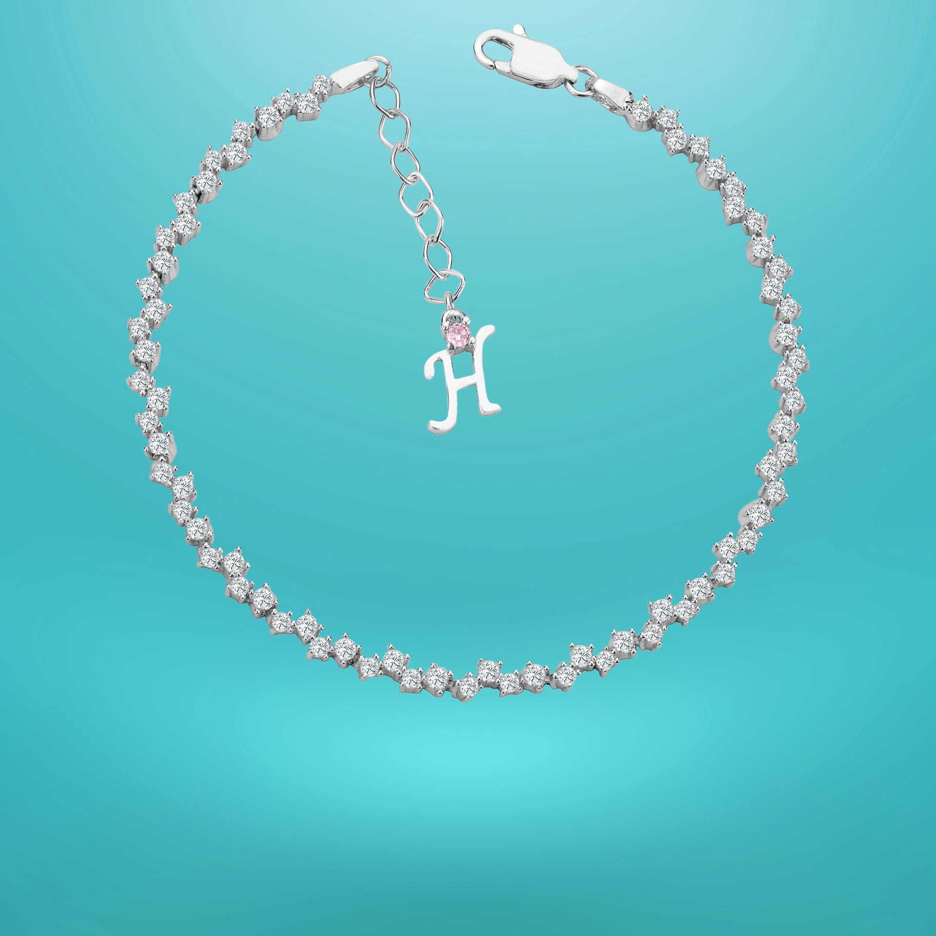 925 Ayar Gümüş Pırlanta Montürlü Zincir Harfli Su Yolu Bileklik H