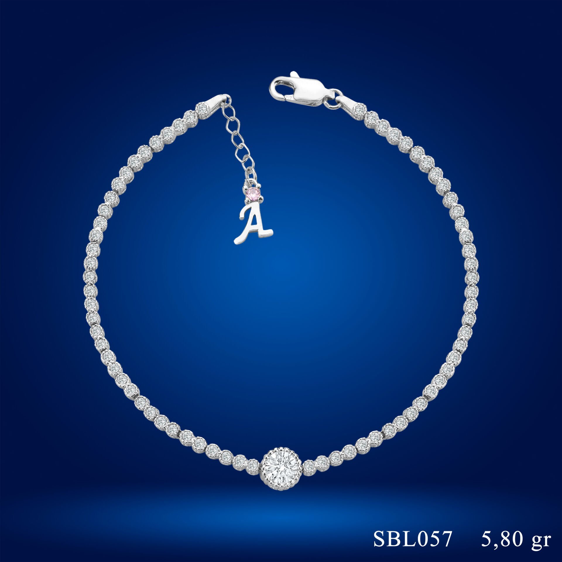 925 Ayar Gümüş Pırlanta Tek Taş Zincir Harfli Su Yolu Bileklik