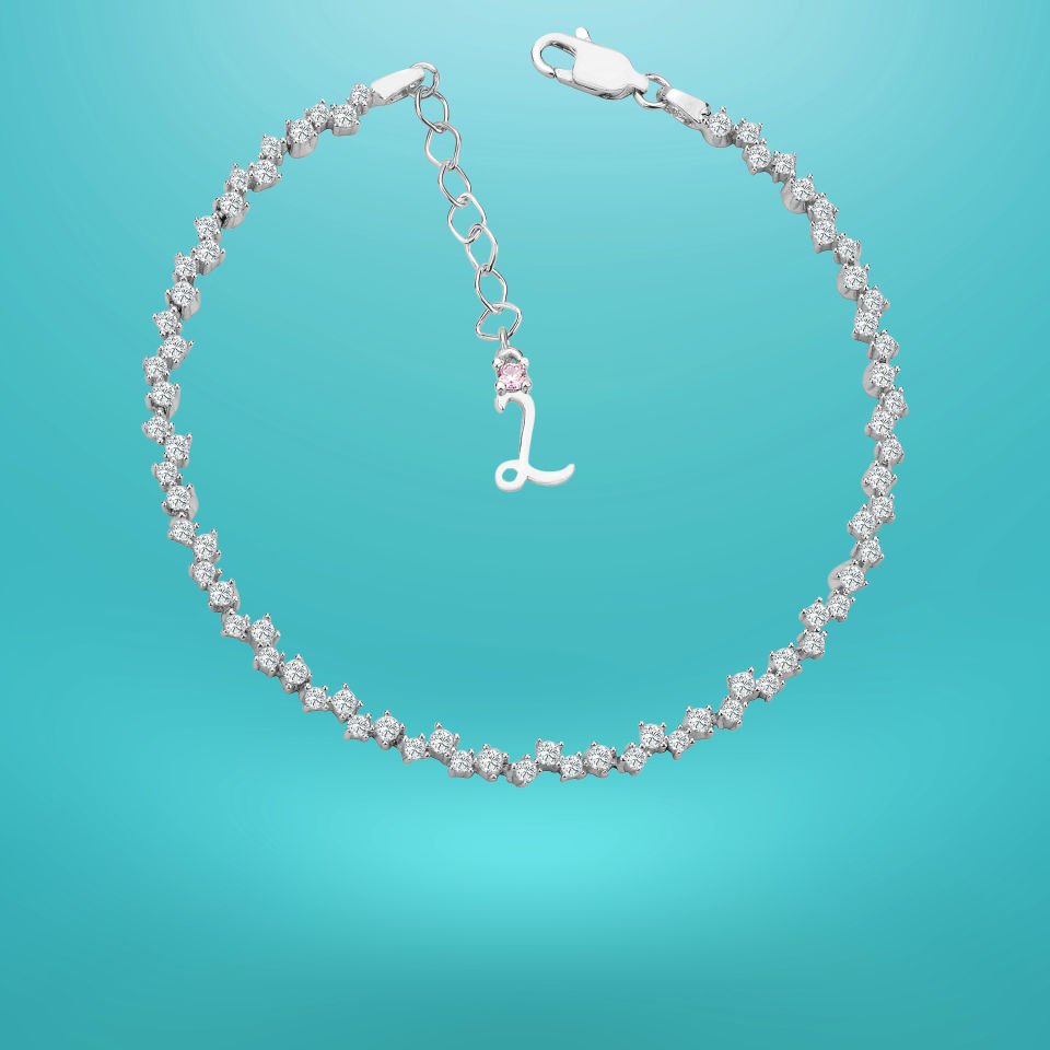 925 Ayar Gümüş Pırlanta Montürlü Zincir Harfli Su Yolu Bileklik L