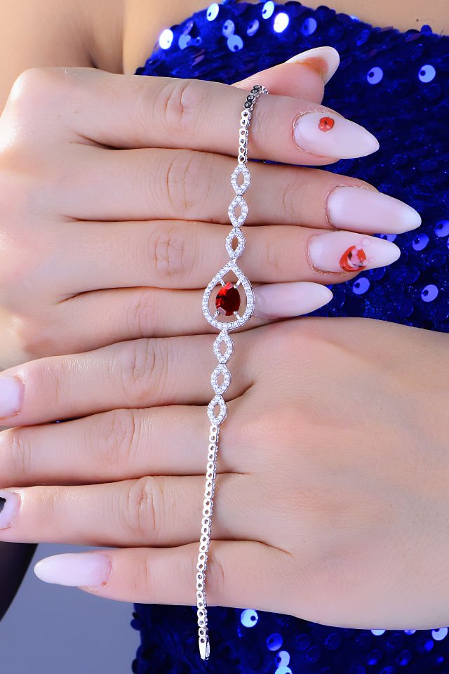 BARIŞ TAKI 925 Ayar Gümüş Kırmızı Damla Taşlı Su Yolu Set