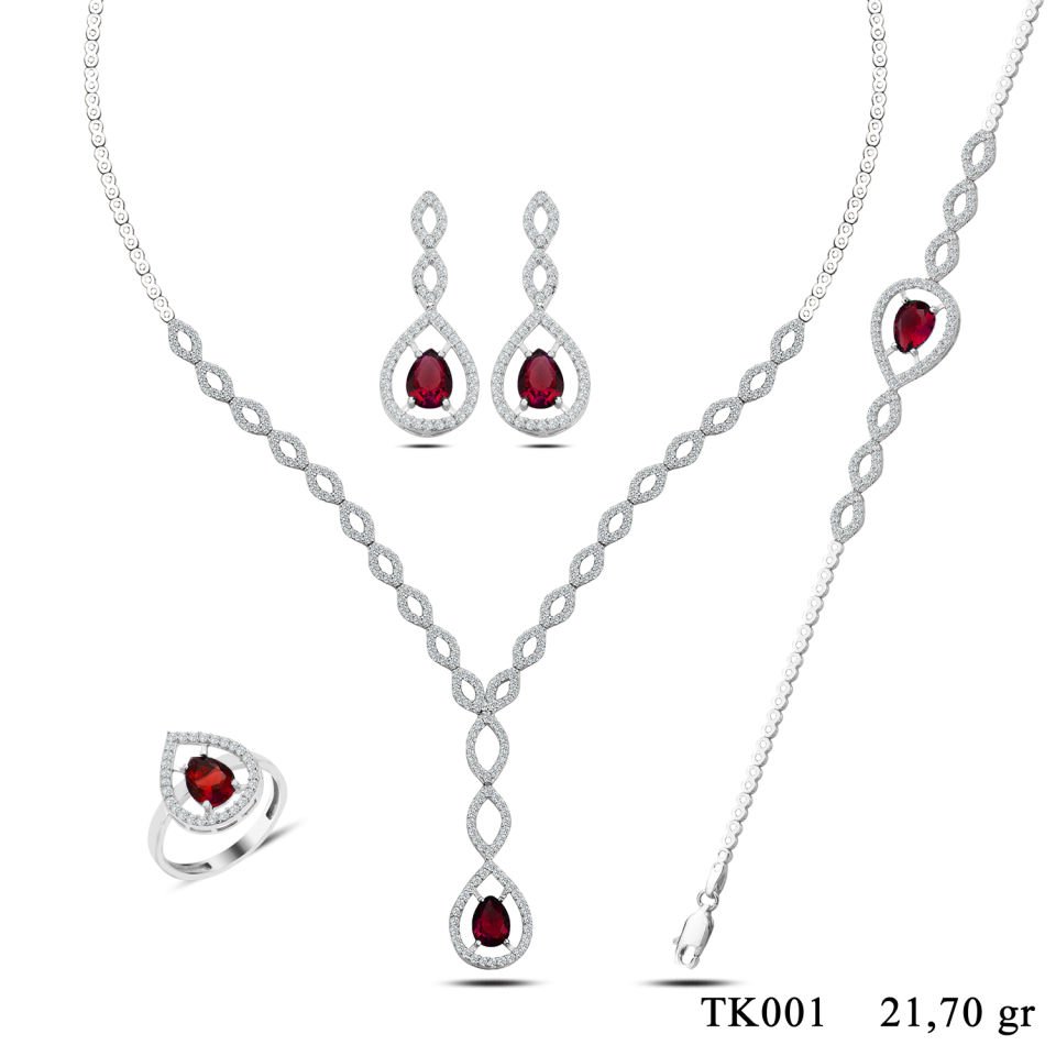 BARIŞ TAKI 925 Ayar Gümüş Kırmızı Damla Taşlı Su Yolu Set