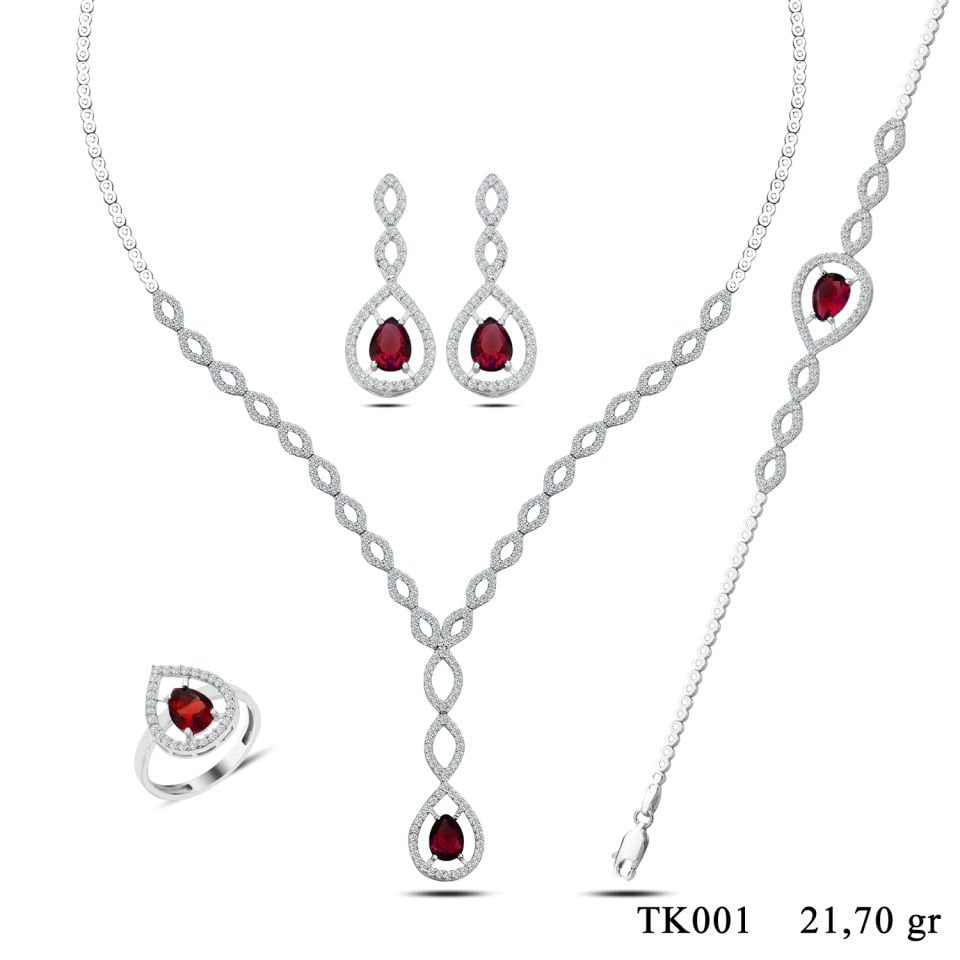 BARIŞ TAKI 925 Ayar Gümüş Kırmızı Damla Taşlı Su Yolu Set