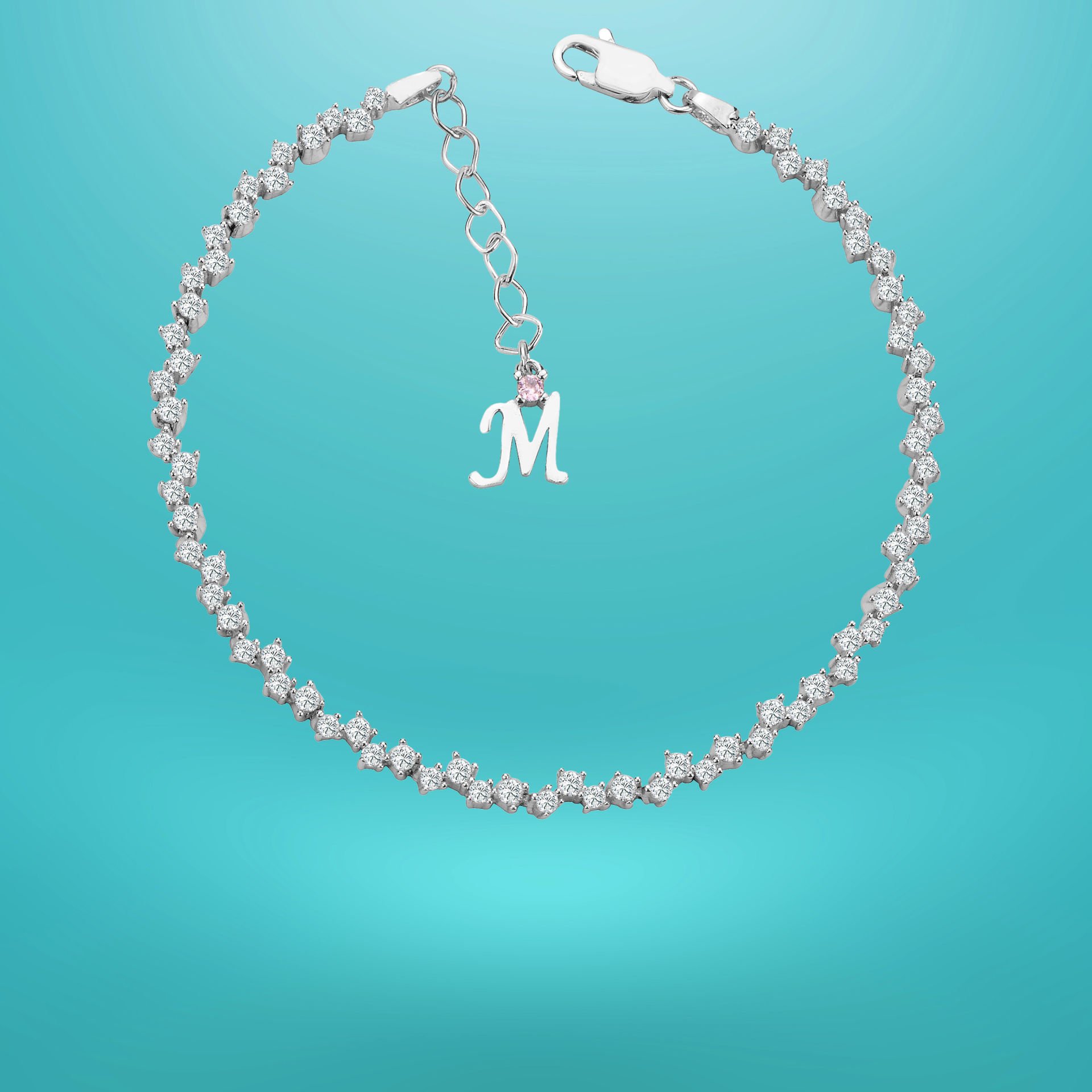 925 Ayar Gümüş Pırlanta Montürlü Zincir Harfli Su Yolu Bileklik M