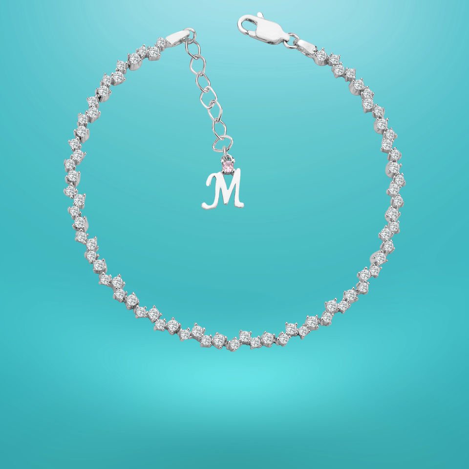 925 Ayar Gümüş Pırlanta Montürlü Zincir Harfli Su Yolu Bileklik M