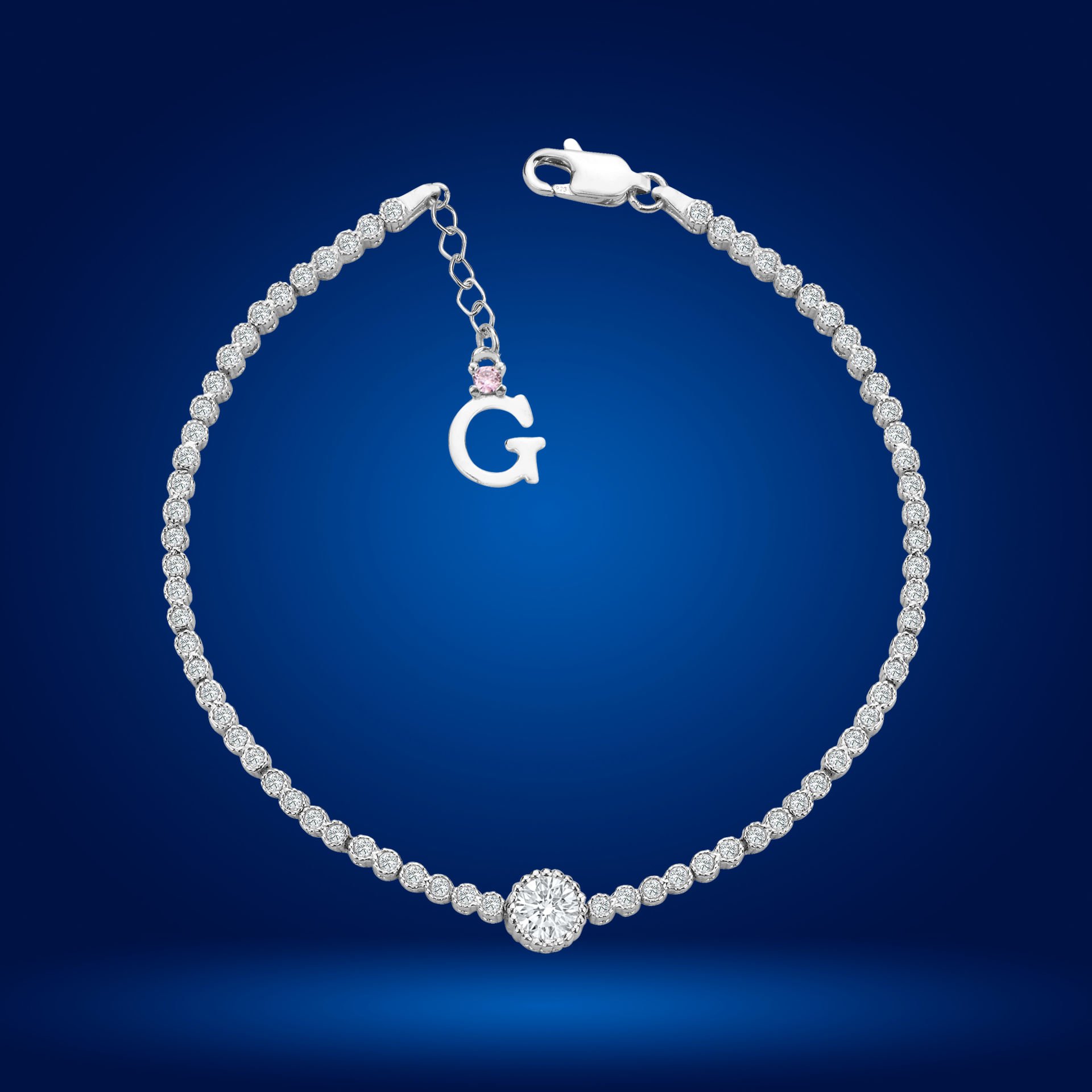 925 Ayar Gümüş Pırlanta Tek Taş Zincir Harfli Su Yolu Bileklik Ğ