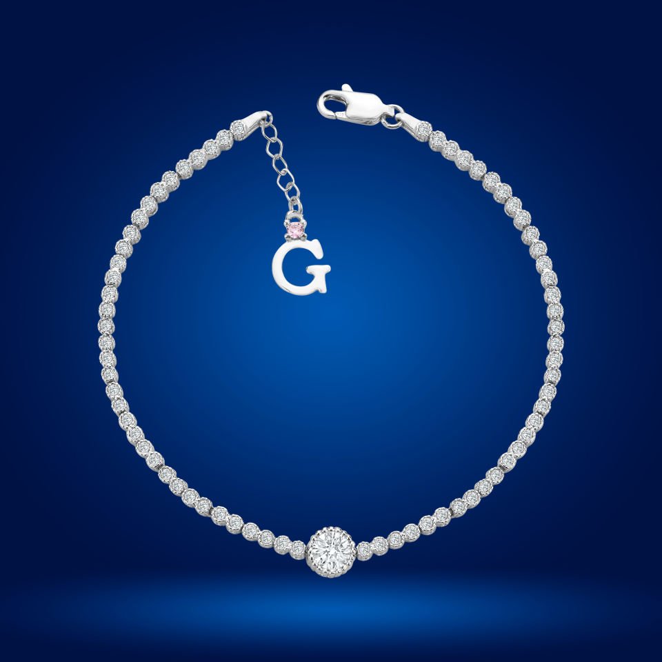 925 Ayar Gümüş Pırlanta Tek Taş Zincir Harfli Su Yolu Bileklik Ğ